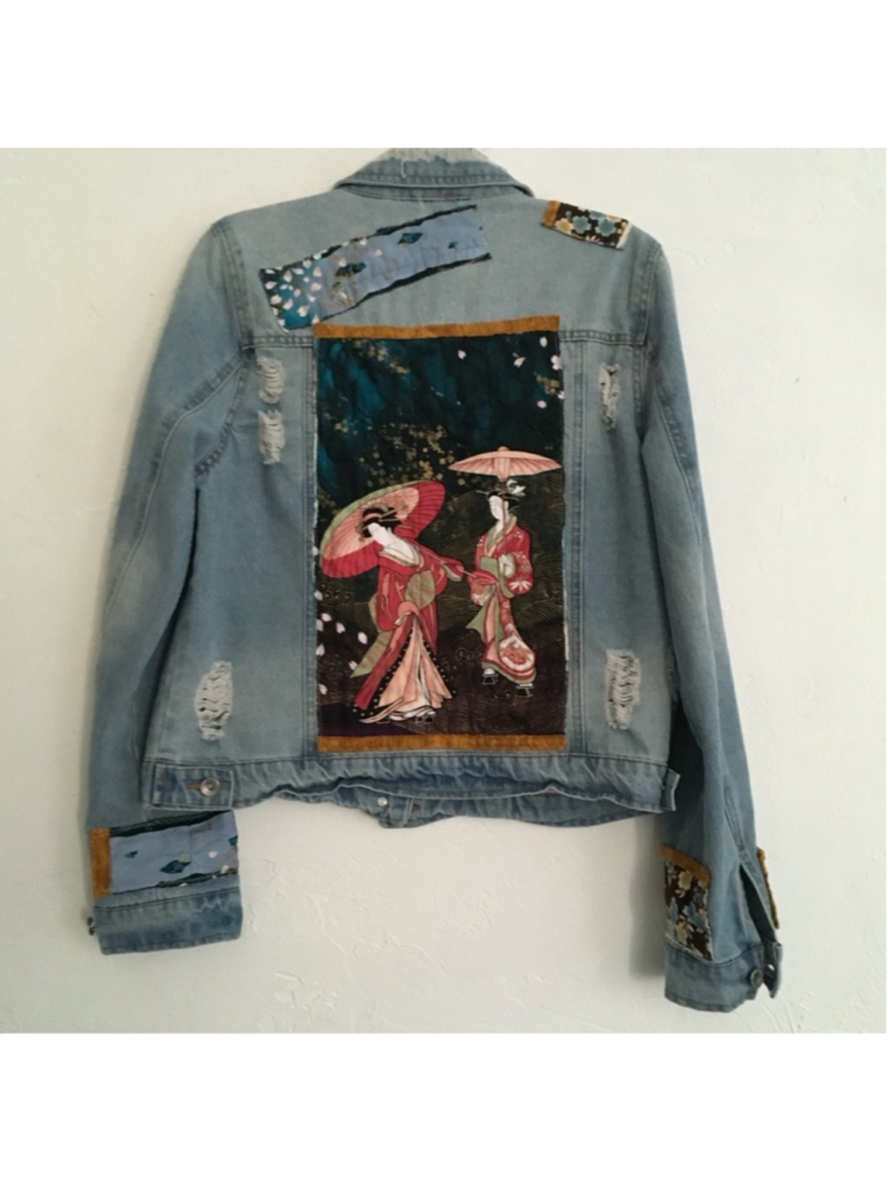 Handmade Upcycled Denim Jacket Geisha Girl Art Kimono XL - Picture 3 of 12